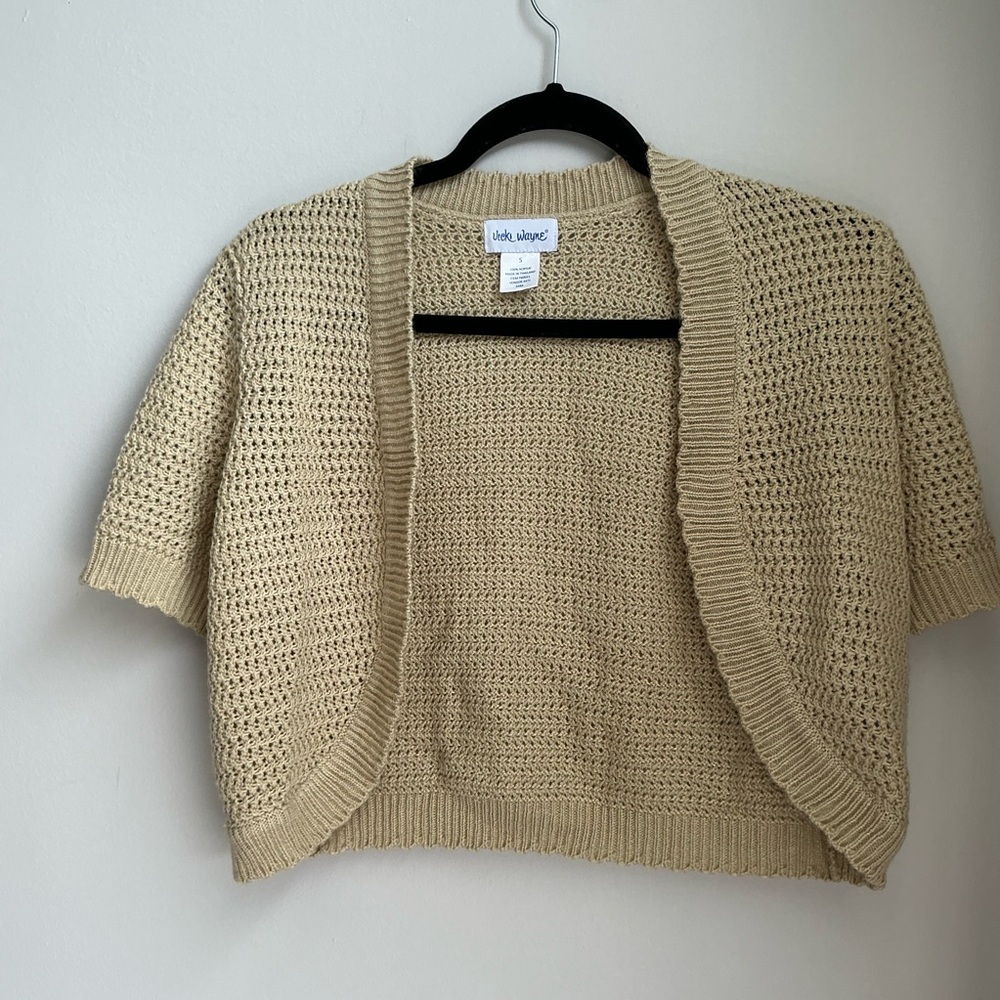 Vicki Wayne Cream Open Knit Cropped Cardigan Short Sleeve Boho Shrug Small
